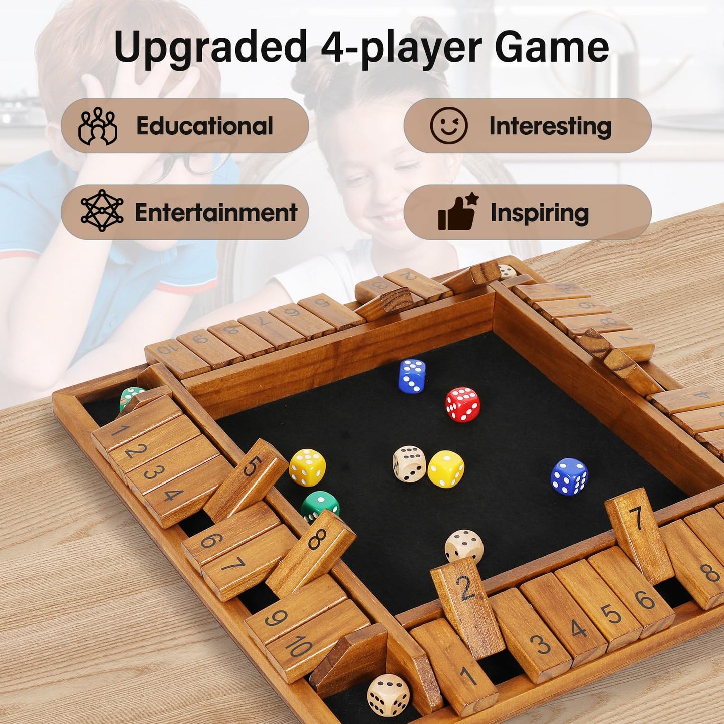 Vamslove 12 Inches Shut The Box Dice Game Wooden Board Table Math Game With 8+4 Dice For 2-4 Player, 4 Sided 10 Numbers Close The Box For Kids Adults(Instructions Included)