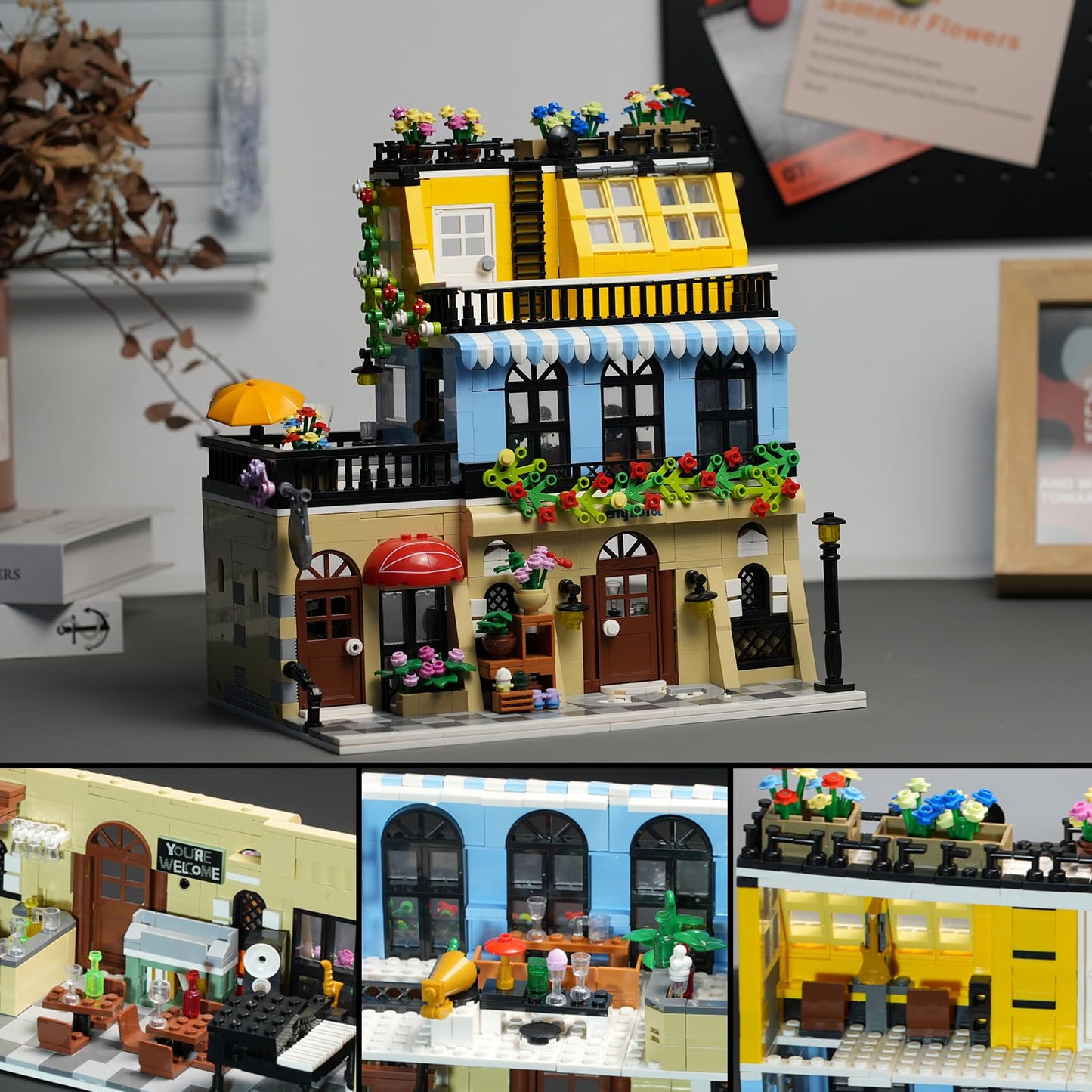 Enjbrick Flowers City Hotel House Building Kit For Adutls, Creator Building Toy Set With Apartmant And Shops For Girls And Adults 1464 Pcs