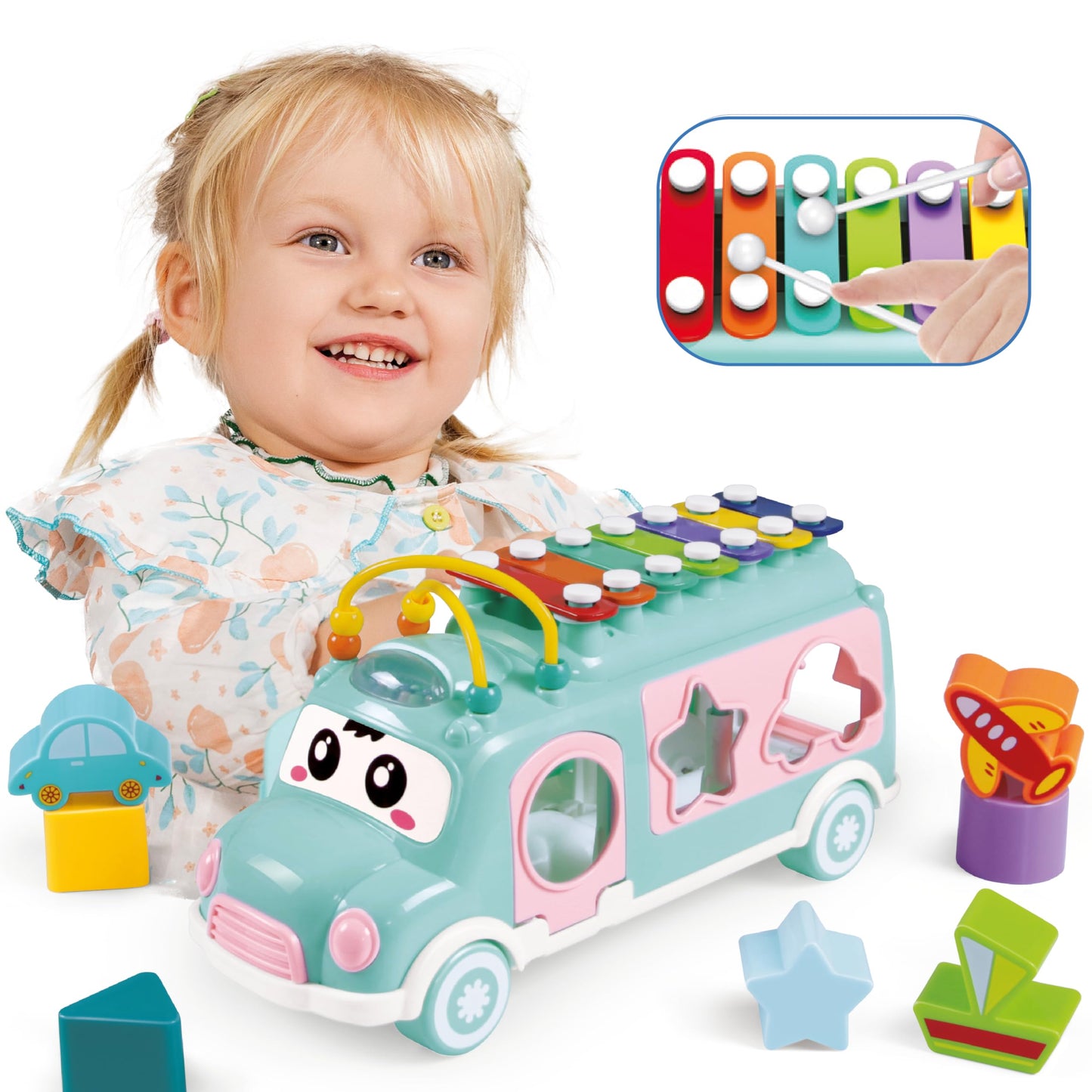 Plenplay Interactive Musical Bus Toy For Toddlers - Xylophone, Abacus, Shape Sorter, And Push/Pull & Go Feature - Perfect Educat