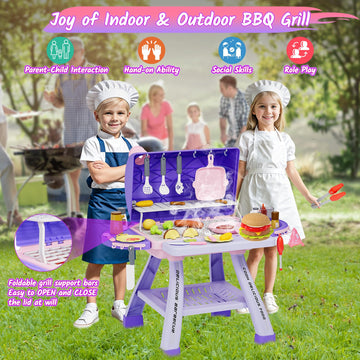Maysida Kids BBQ Grill Playset - Upgraded Toy with Smoke, Sound & Light, Pretend Food for Girls, Pink & Purple, Perfect Gift for Ages 3-5