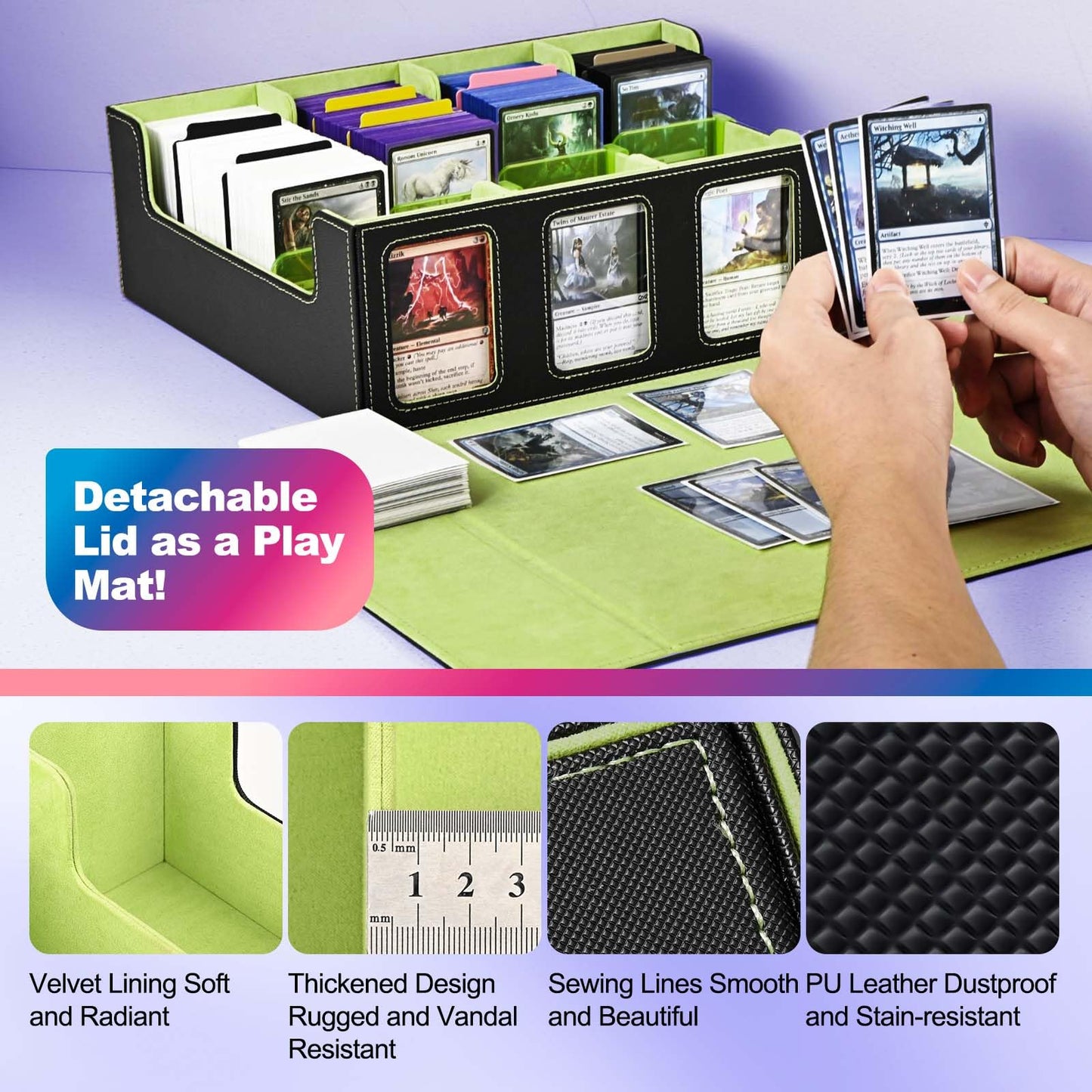Uaono Trading Card Storage Box With Commander Display; 2400+ Deck Box For Mtg With Removable Cover; Toploader Card Case Fits Magic Tcg Ptcg Sports Cards; 24 Dividers, 4 Stoppers (Black, Lemon Green)