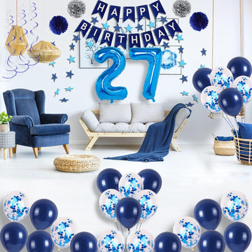 Naninuneno 27Th Blue Birthday Party Decorations For Boy Girl Men Women, Happy 27 Birthday Balloons Supplies With Happy Birthday