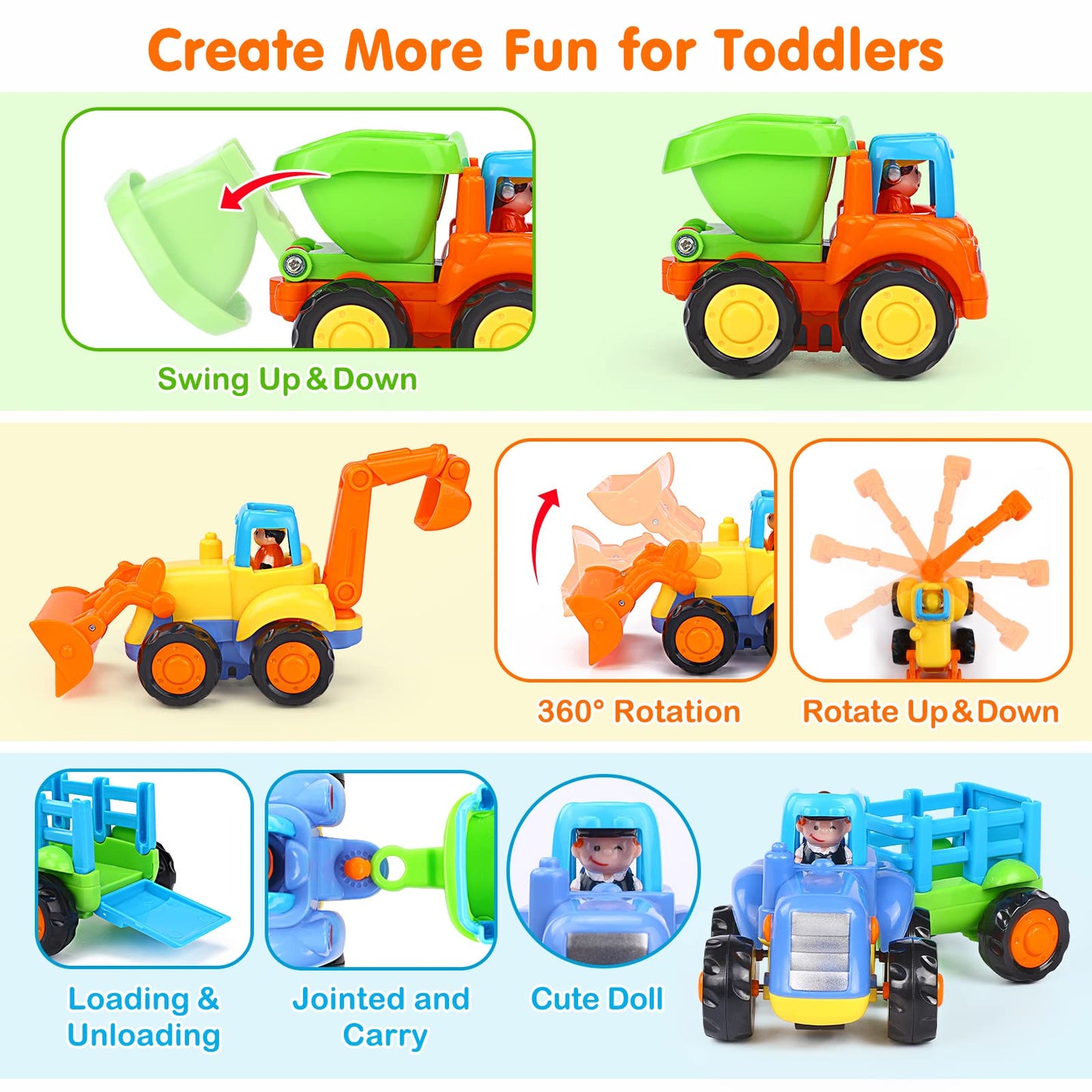 Orwine Inertia Toy Early Educational Toddler Baby Toy Friction Powered Cars Push And Go Cars Tractor Bulldozer Dumper Cement Mixer Engineering Vehicles Toys For Children Boys Girls Kids Gift 4Pcs