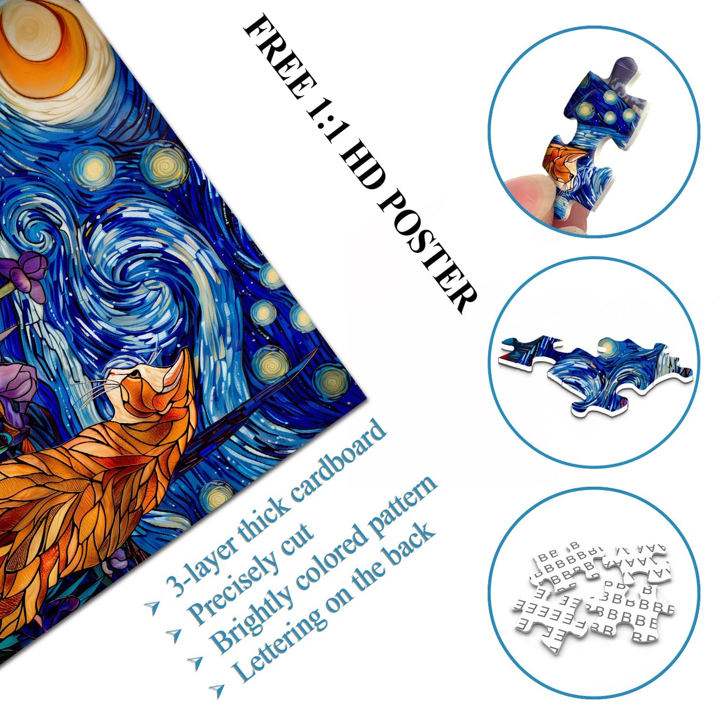 Cat Puzzles For Adults 1000 Pieces, Pickforu Stained Glass Puzzles Feature Purple Iris Flowers, Starry Night, Moonlit Cat Flower Jigsaw Puzzle For Cat Lovers