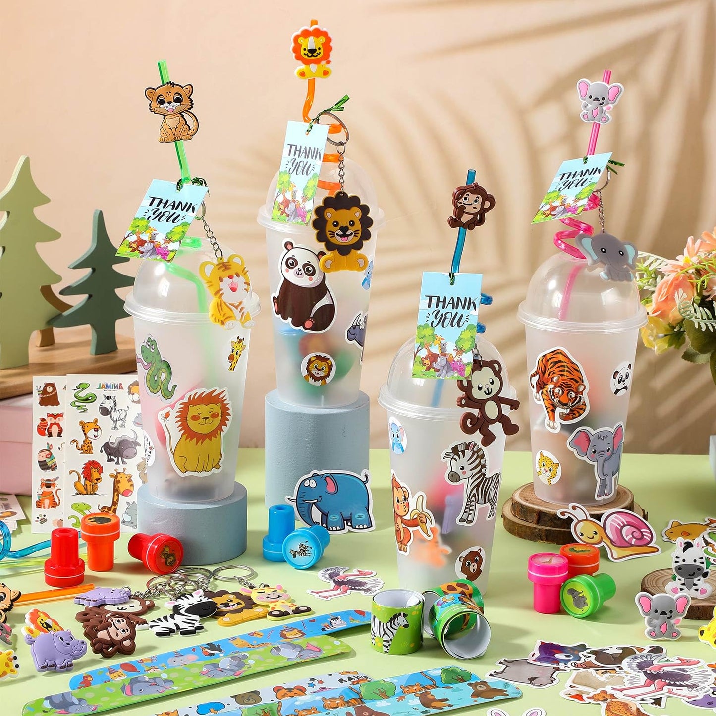 Poen 212 Pcs Jungle Party Favors Set Include Cup Straw Stamp Clap Bracelet Keychain Ring Puzzle Sticker Animal Miniature Card fo