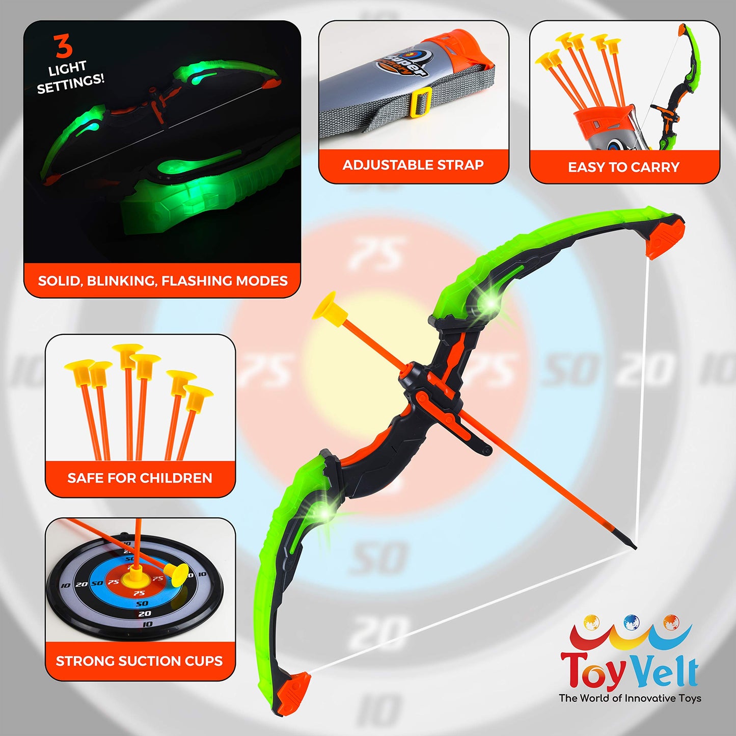 Toyvelt Kids Bow And Arrow Set With Led Lights, 10 Suction Arrows, Target & Quiver, Kids Archery Set, Toy Bow And Arrow For Kids