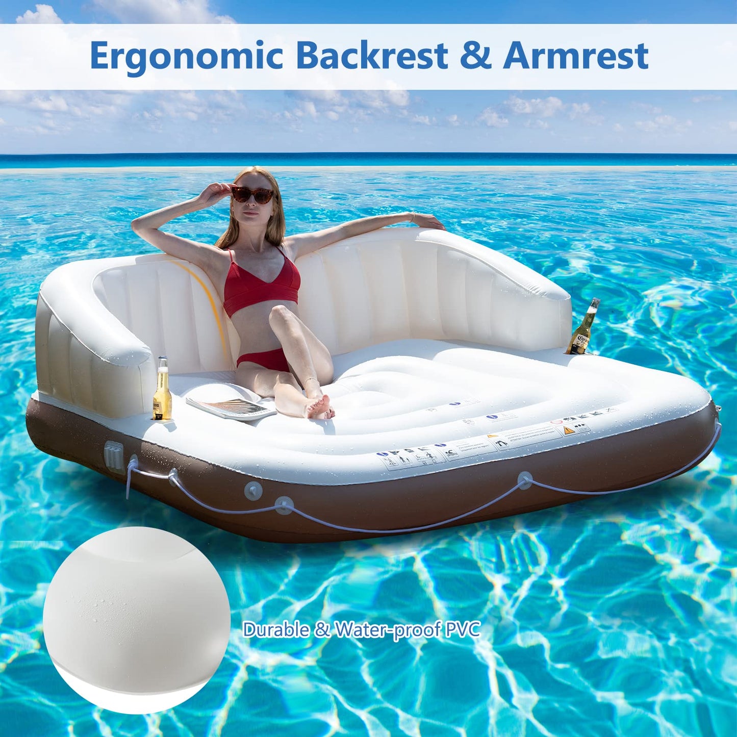 Tangkula Giant Inflatable Pool Float for Adults, UPF50+ Sunshade, Ergonomic Design, Large, White and Brown, Model 10725-NP