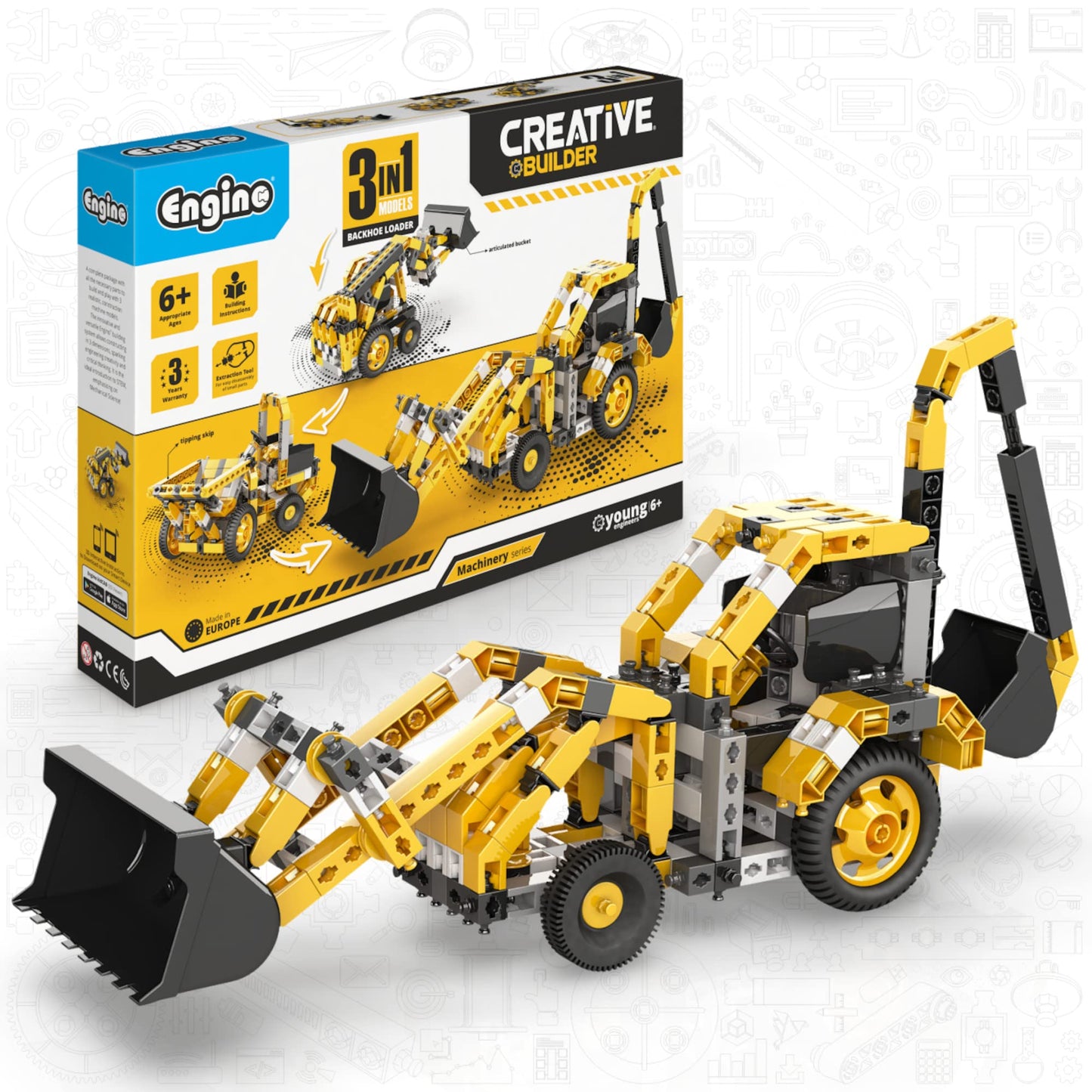 Engino Creative Builder- Backhoe Loader- 3-In-1, Educational Toys For Kids 6+, Engineering Kit For Young Inventors, Stem Kits, Gifts For Boys & Girls