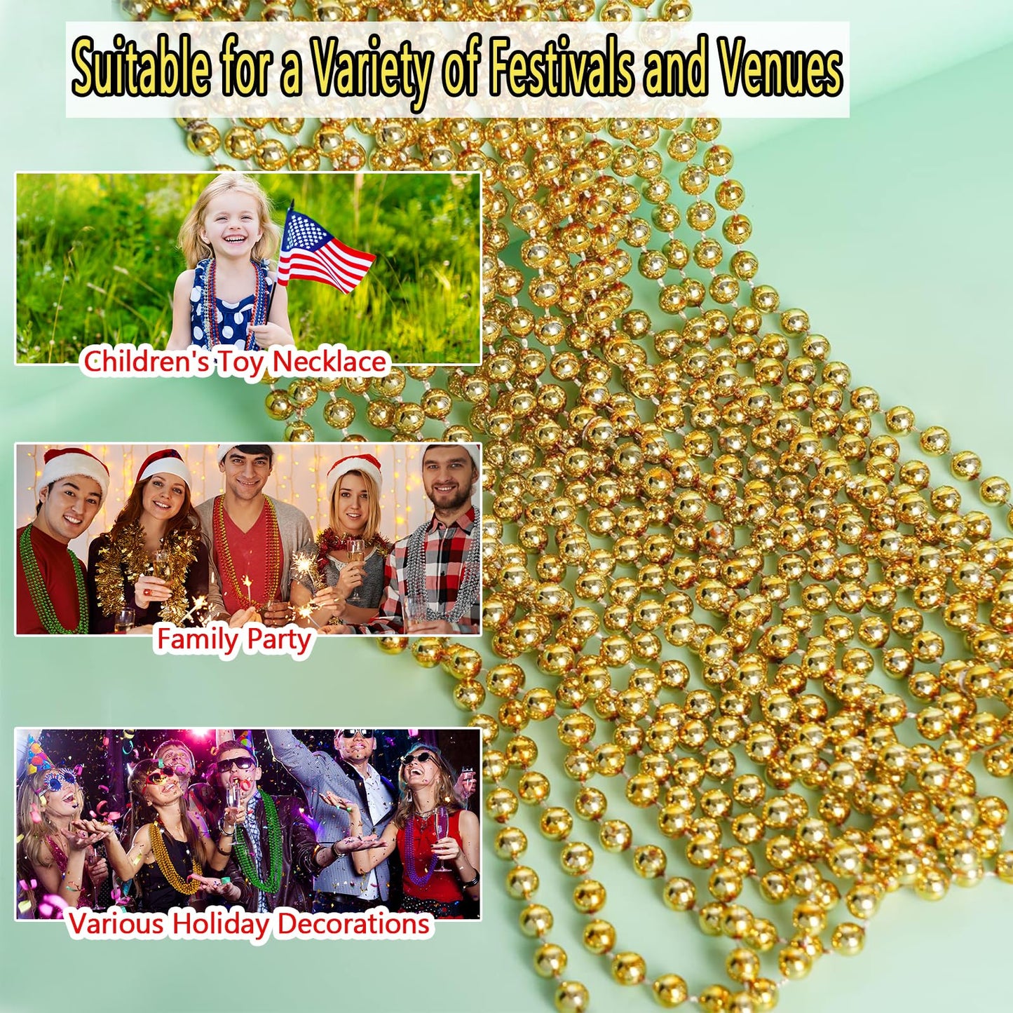 ZZYFGH 33'' 7mm St Patricks Day Beads Necklace, Mardi Gras Beads Necklace Bulk, Metallic Gold Beaded Necklace, Party Costume Nec