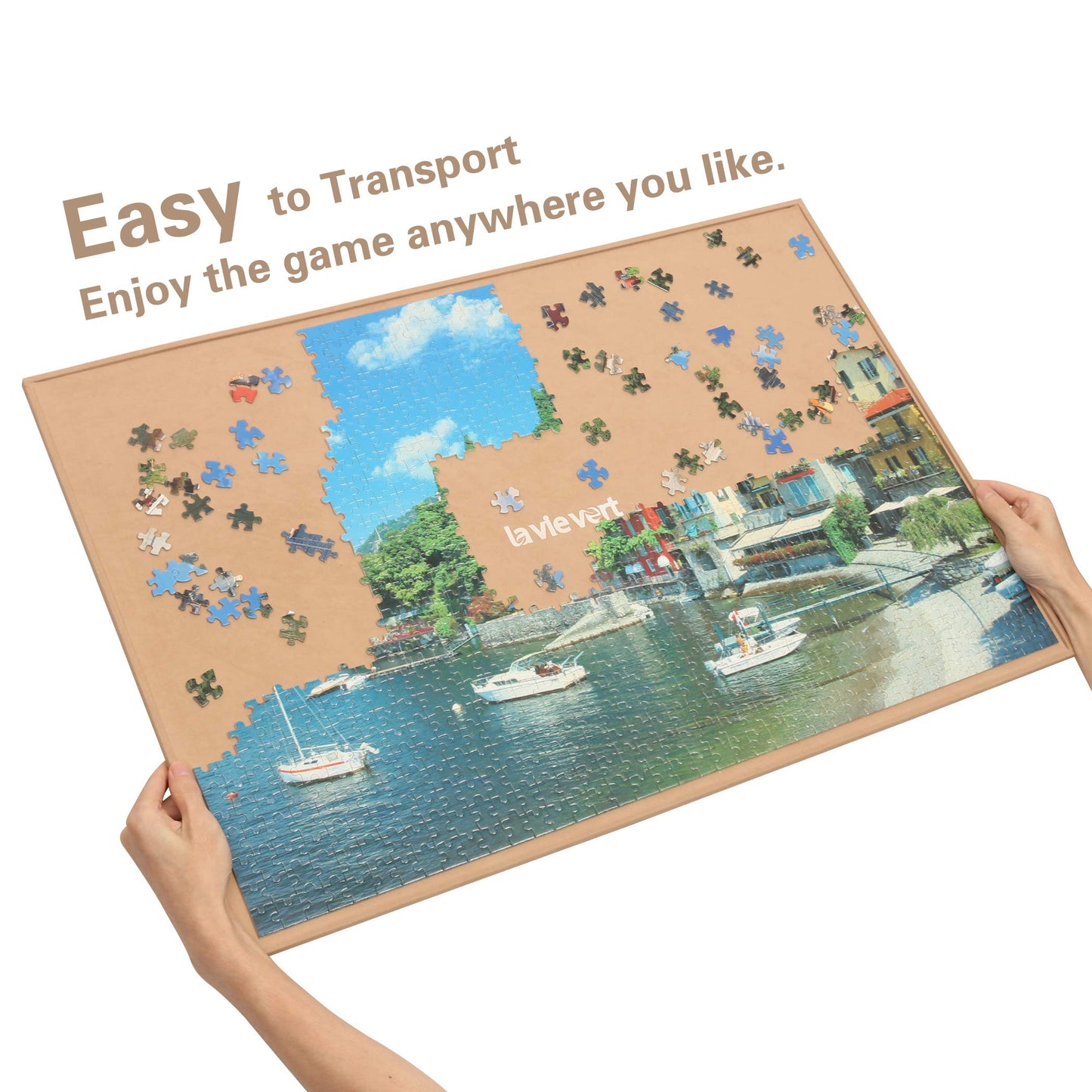 LAVIEVERT Portable Wooden Jigsaw Puzzle Board - Non-Slip Surface for Up to 1000 Pieces - Khaki Puzzle Storage Solution