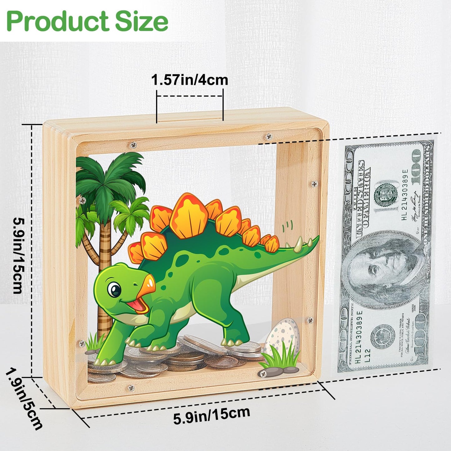 Piggy Bank For Boys, Wooden Dinosaur Piggy Bank For Kids Cartoon Money Bank Coin Bank With Diy Alphabet Stickers,Green Yellow