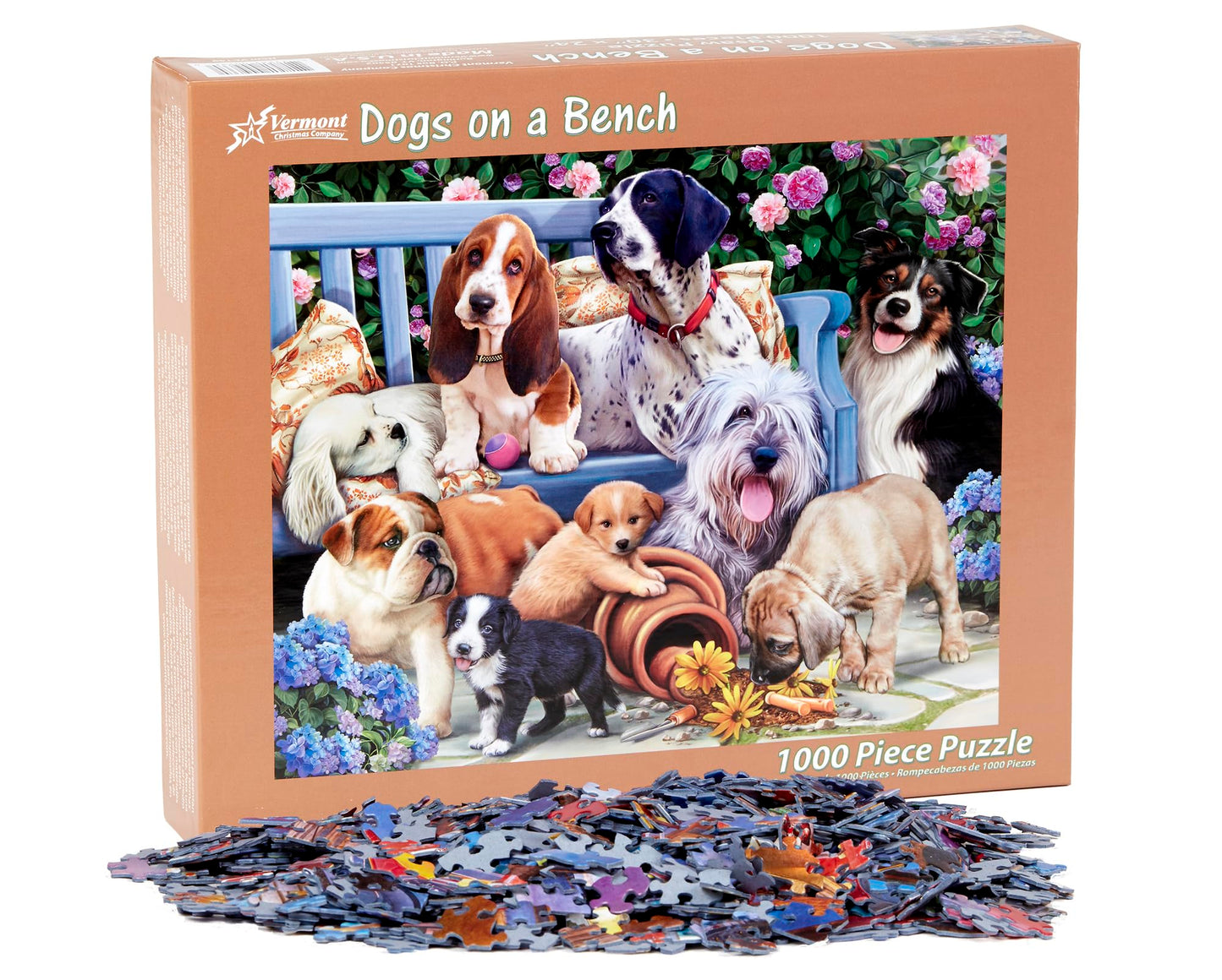 Vermont Christmas Company 1000 Piece Jigsaw Puzzle - Dogs on a Bench, Multicolor, Cardboard, Model VC149