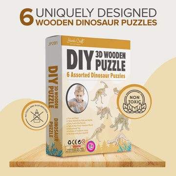 Hands Craft Diy 3D Wooden Puzzle - 6 Assorted Dinosaur Bundle Pack Set Brain Teaser Puzzles Educational Stem Toy Adults And Kids To Build Safe And Non-Toxic Easy Punch Out Premium Wood Jp2B1