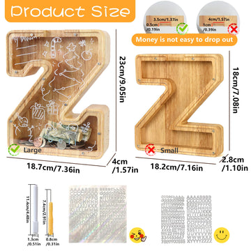 weallbuy Large Letter Piggy Bank for Kids Boys Girls Wooden Personalized Piggy Banks A-Z with Target Area Clear Alphabet Banknote Coin Banks for Gift Decoration Baptism (Z)