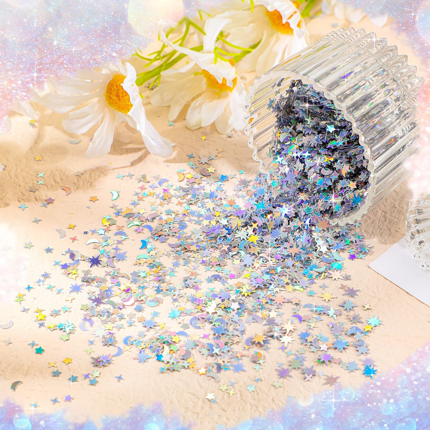 60 G/ 2.1 oz Holographic Star and Moon Glitter Confetti Sequin Galaxy Iridescent Table Metallic Glitter Foil Confetti Sequin Sta
