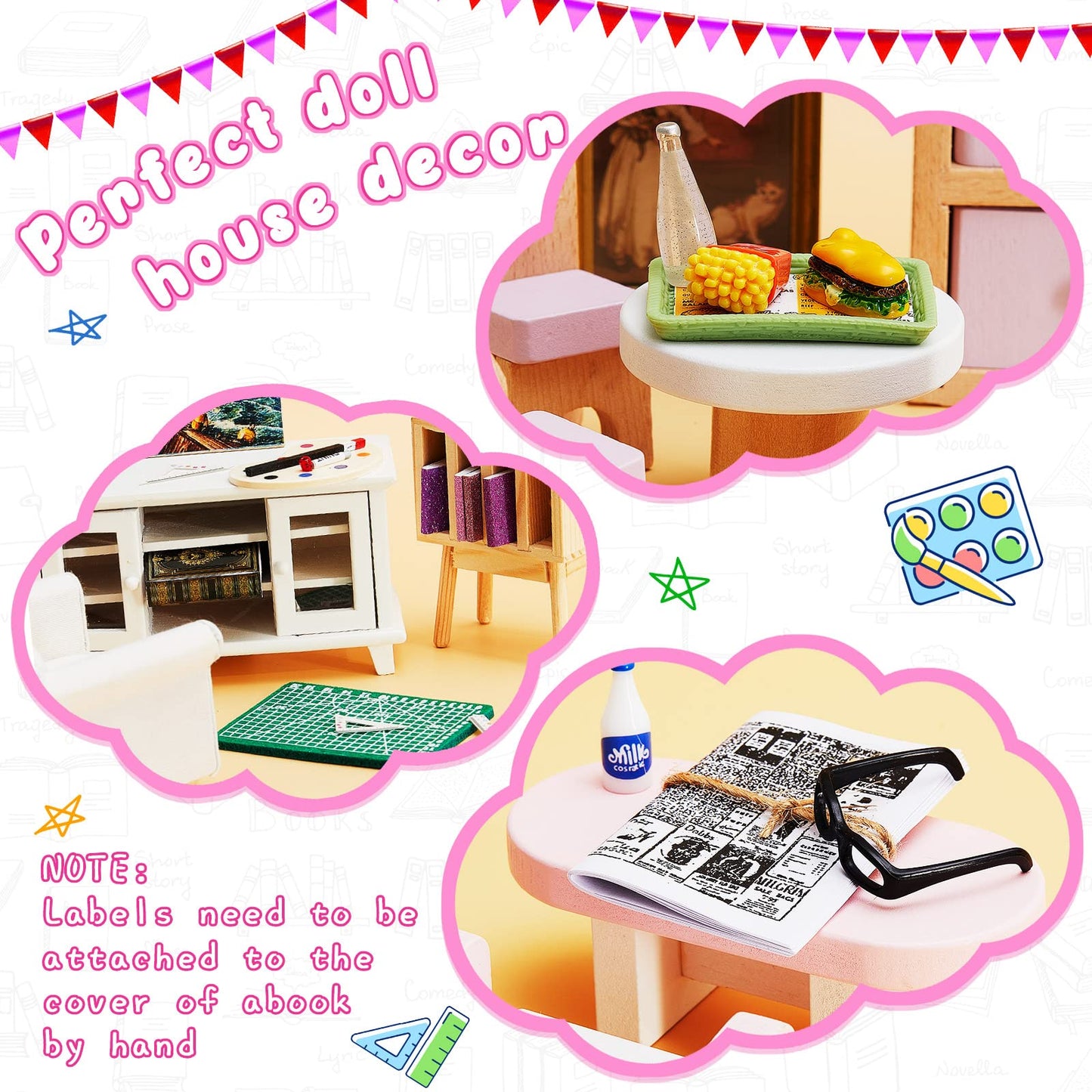 Zhanmai 17 Pcs Mini Stuff Miniature Doll House Accessories - Mini School Supplies For Dolls - Miniature Food Set Hamburger Fries Juice Fast Food Set Pretend Play