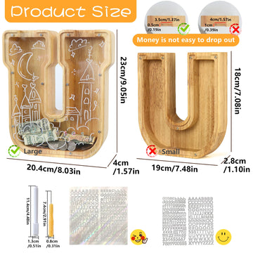 weallbuy Large Letter Piggy Bank for Kids Boys Girls Wooden Personalized Piggy Banks A-Z with Target Area Clear Alphabet Banknote Coin Banks for Gift Decoration Baptism (U)