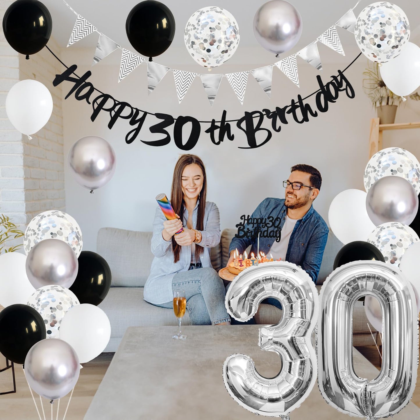 30Th Birthday Decorations For Women Men, Happy 30Th Birthday Banner With Black Silver White 30Th Birthday Balloons Birthday Cake