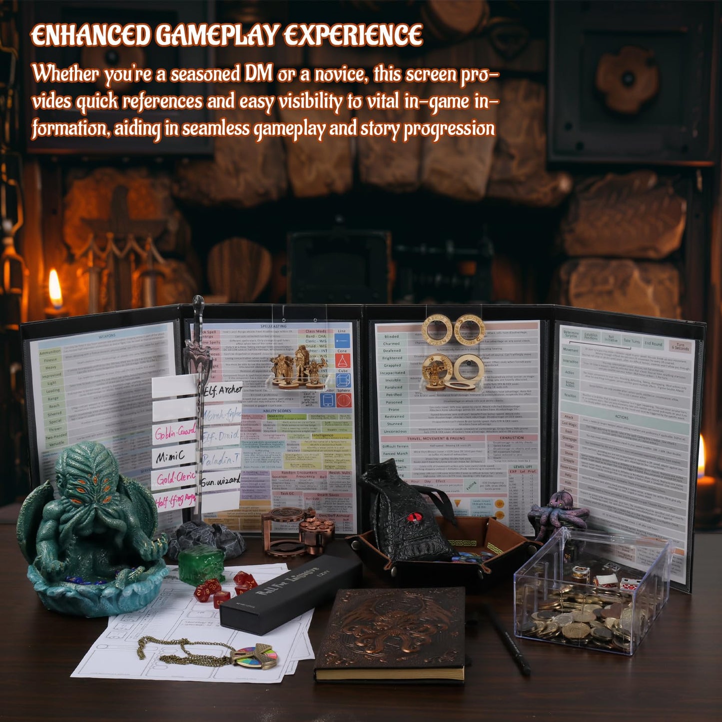 CZYY 4-Panel DM Screen - Black Cardboard Game Master Shield with Erasable Pockets for RPG & Dungeon Masters, Small Size, Style A