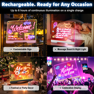 16-Inch Rechargeable Doodle Glow LED Note Board, 7-Color Light Modes, Neon Art Dry Erase Light Up Drawing Pad with Built-in Stan