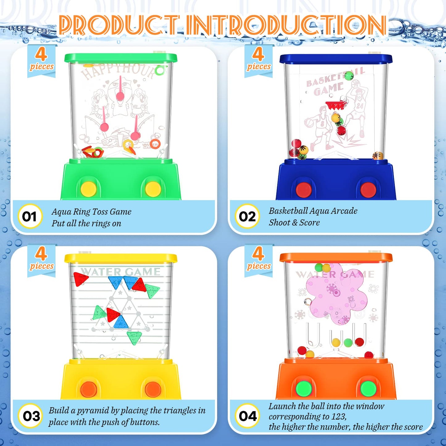 16Pcs Handheld Water Game Arcade Water Ring Toss Water Tables for Beach Toy Party Favor Fun Game Entertainment, Without Water (O