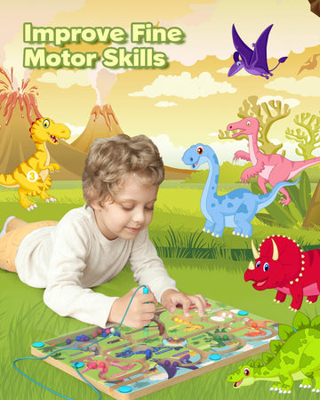 Magnetic Color And Number Maze,Dinosaurs Montessori Toys For 3+ Year Old Boys Girls, Fine Motor Skills Wooden Puzzles Board Game