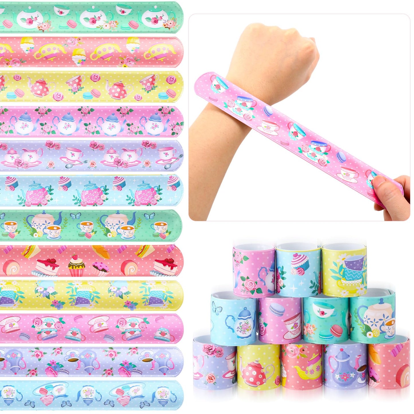 Junkin 48 Pcs Tea Party Favors Floral Tea Party Slap Bracelet Tea Party Supplies Decoration Girls Tea Party Bracelet Pink Teapot
