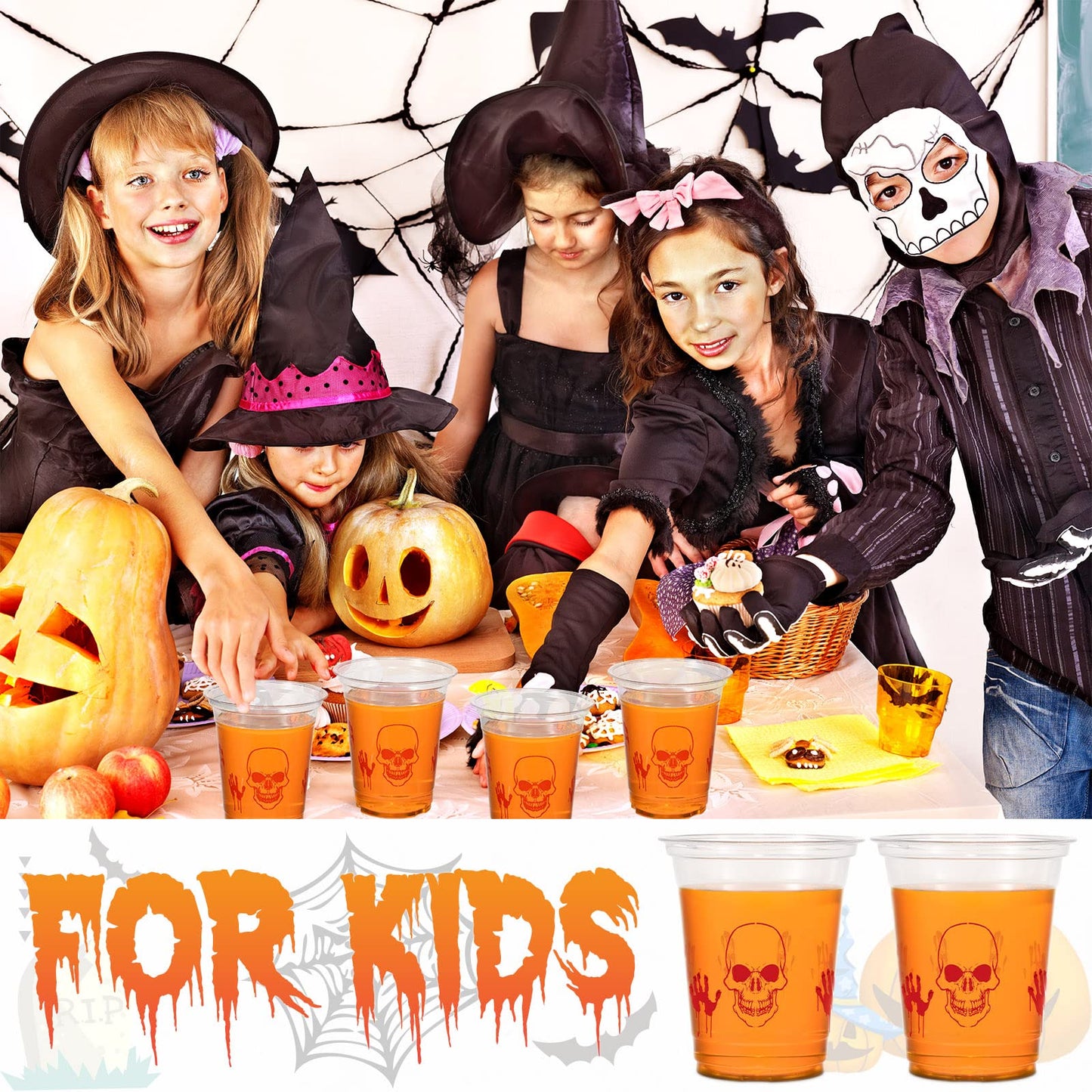 CHENGU 12 Oz Halloween Plastic Party Cups Halloween Clear Disposable Cups Skinny Skull Bloody Hand Halloween Cups for Drinks Jui
