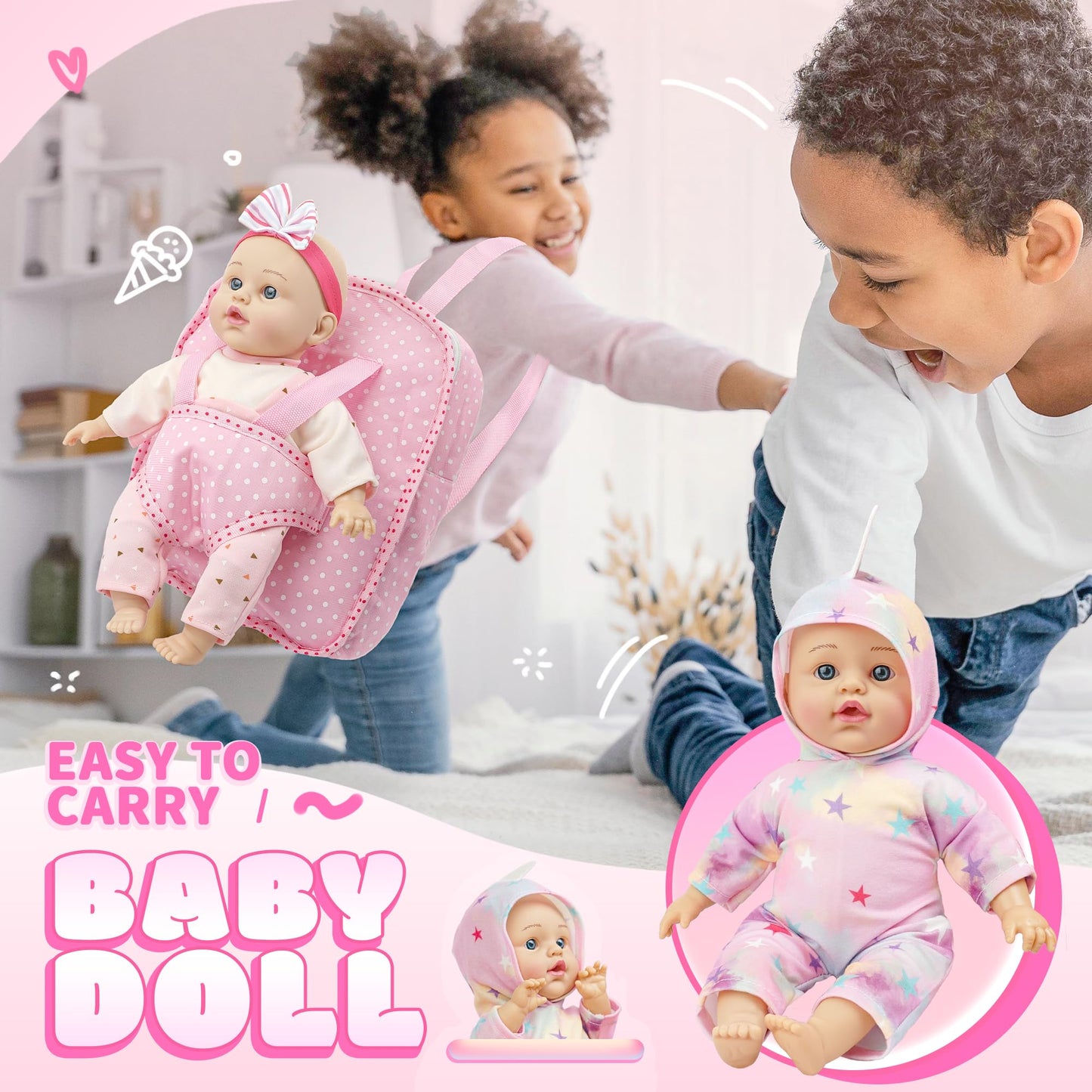 Smilesskiddo 12 Inch Soft Body Baby Doll For Toddlers With Take Along Doll Backpack Carrier Accessories, Baby Doll Clothes And B