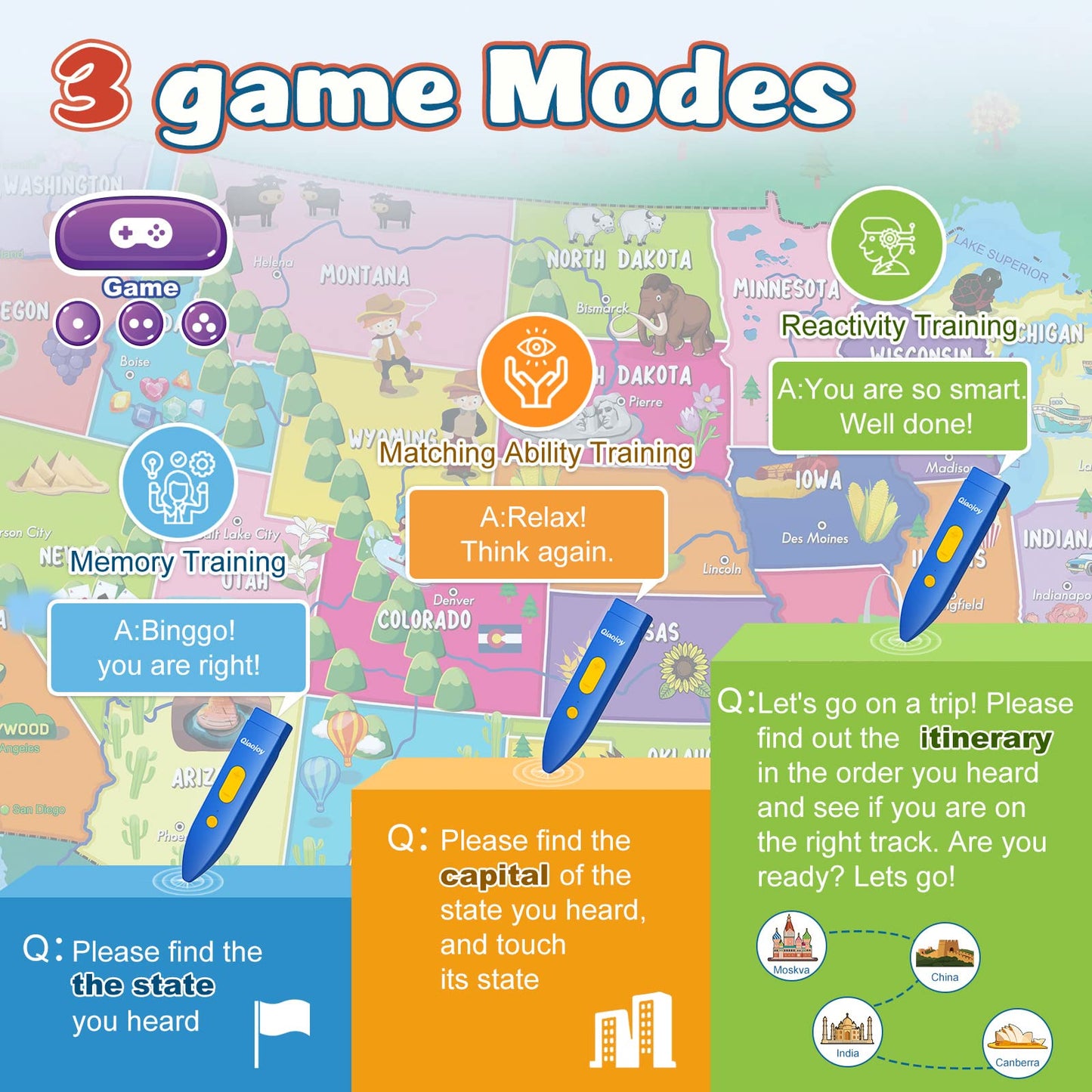 Qiaojoy Bilingual Interactive For Kids Talking Usa Map For Kids Learning, Geography Toys Games Educational Electronic Map Christ