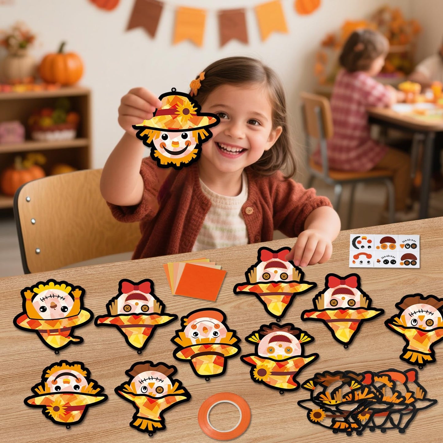 Qyeahkj 36 Set Fall Scarecrow Suncatchers Craft for Kids DIY Autumn Window Tissue Paper Craft Kit Hanging Decor for Thinkgiving