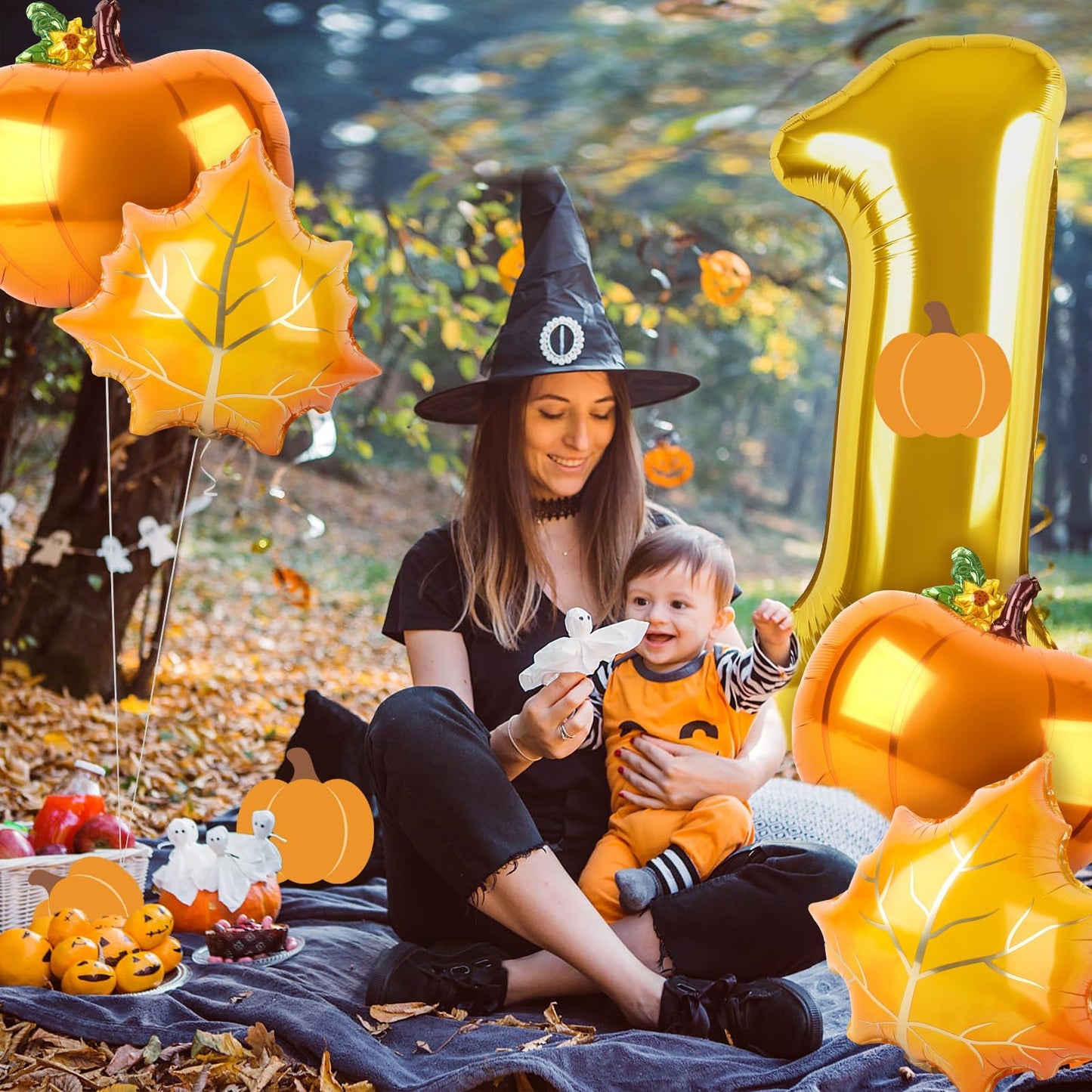 Dripykiaa 5Pcs Pumpkin First Balloon 40'' Gold One Year Old Balloon Set For First Birthday Fall Birthday Decorations Maple Leave