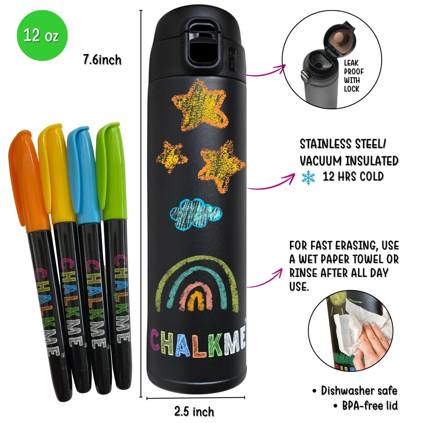 Chalkme Kids Craft Water Bottle - 12Oz Stainless Steel, Decorate Your Own Water Bottle, Diy Toy Gifts, Art & Craft Kit For Girls