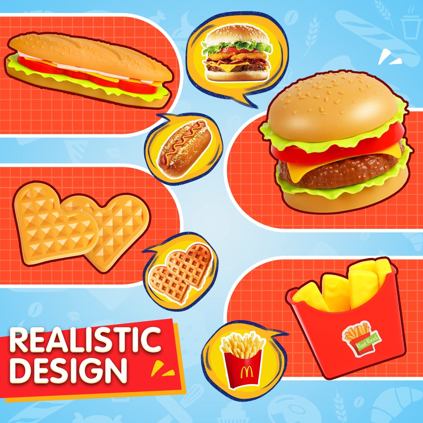 FINGOOO Pretend Play Food Set, Hamburger Fries Pizza Popcorn Toys Role Play Take Apart Educational Gift for Kids Boys Girls