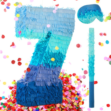 Number 1 2 3 4 5 6 7 8 9 Piñata With Stick Blindfold Confetti, Gradient Blue Piñata For Kids Birthday Party Large Blue Piñata For Boys Girls Birthday Anniversary Decoration Supplies(Number 7)