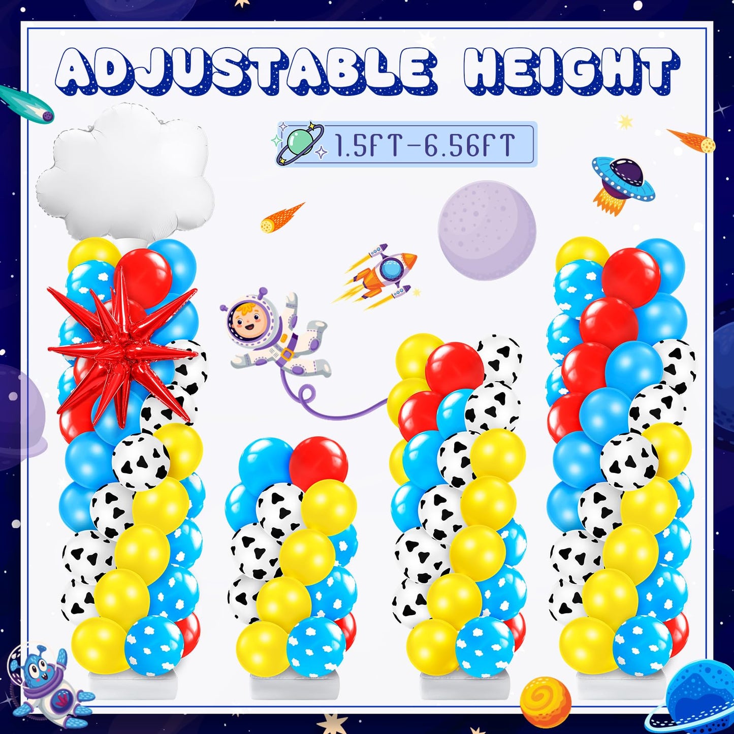 Kasyat Cartoon Party Balloon Column Stand Kit - 2 Sets, Toy Size, Colorful Rocket & Cow Print Balloons for Baby Shower Decorations