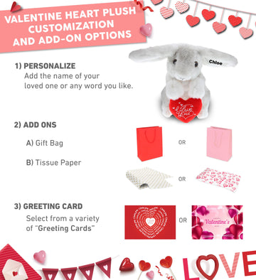 Dollibu I Love You Valentine Plush Grey Rabbit - Cute Stuffed Animal With Red Heart And Name Personalization Gift For Valentines