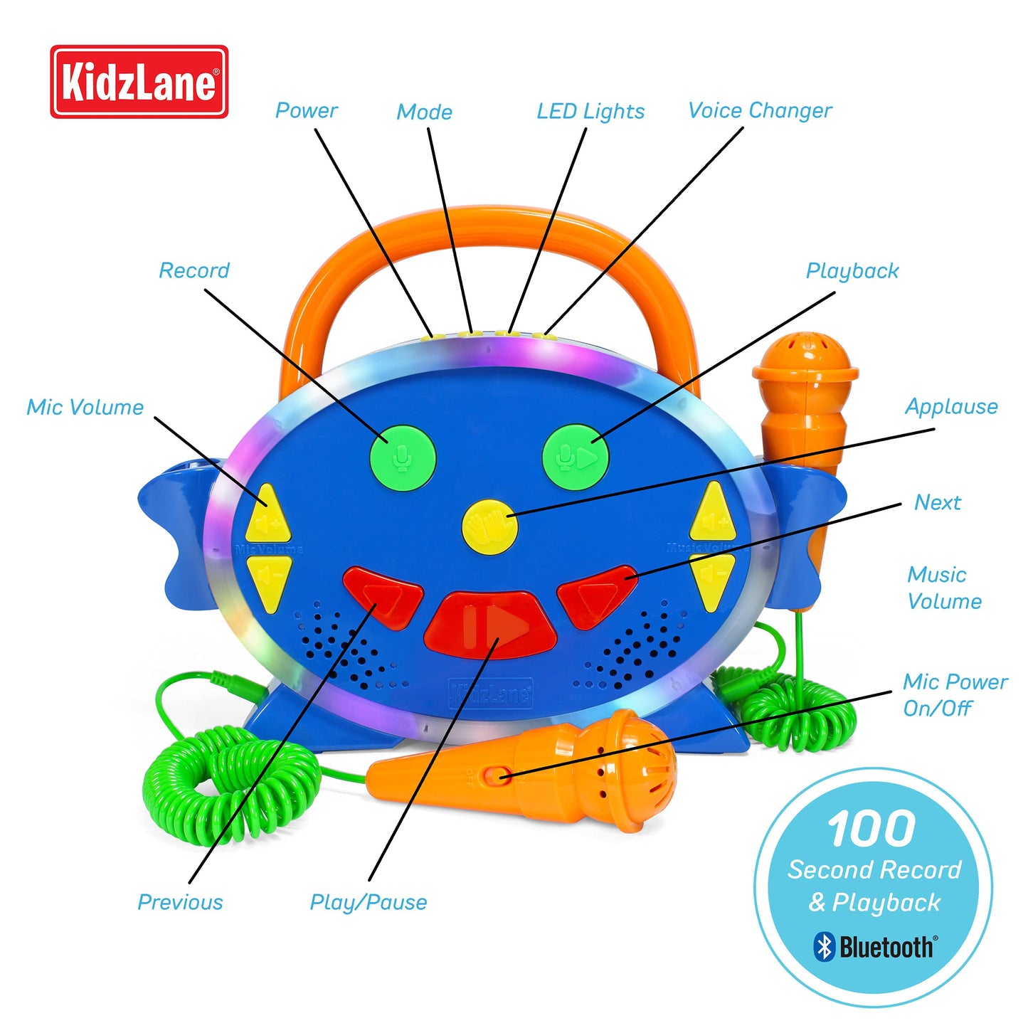 Kidzlane Kids Karaoke Machine - Singing Machine With 2 Microphones And Bluetooth - 100 Pre-Loaded Songs - Kids Music Player With Voice Changer, Record And Playback, And Multicolored Led Lights