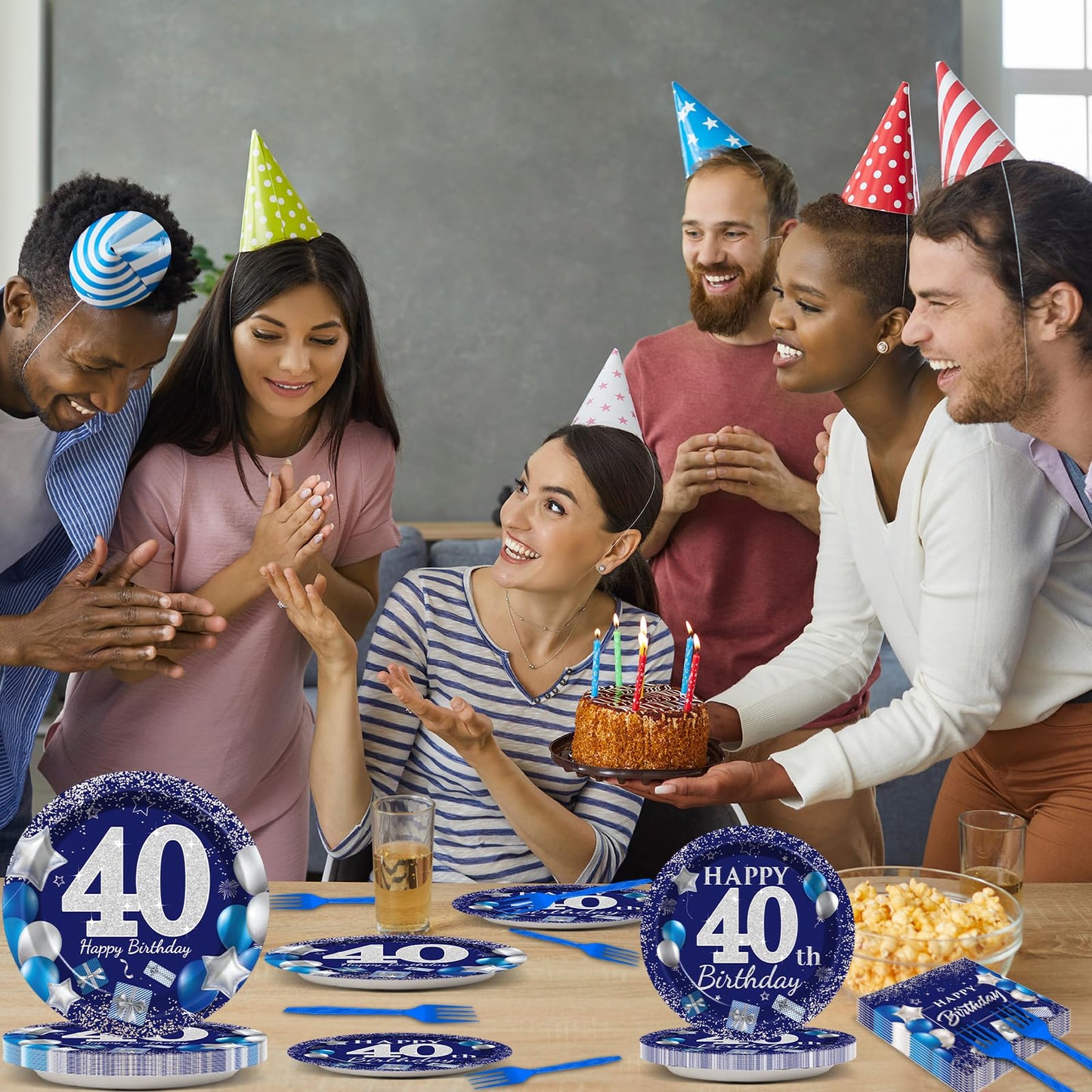 96 Pcs 40Th Birthday Party Supplies Navy Blue And Silver Birthday Plates 40Th Birthday Paper Tableware Happy Birthday Party Plat