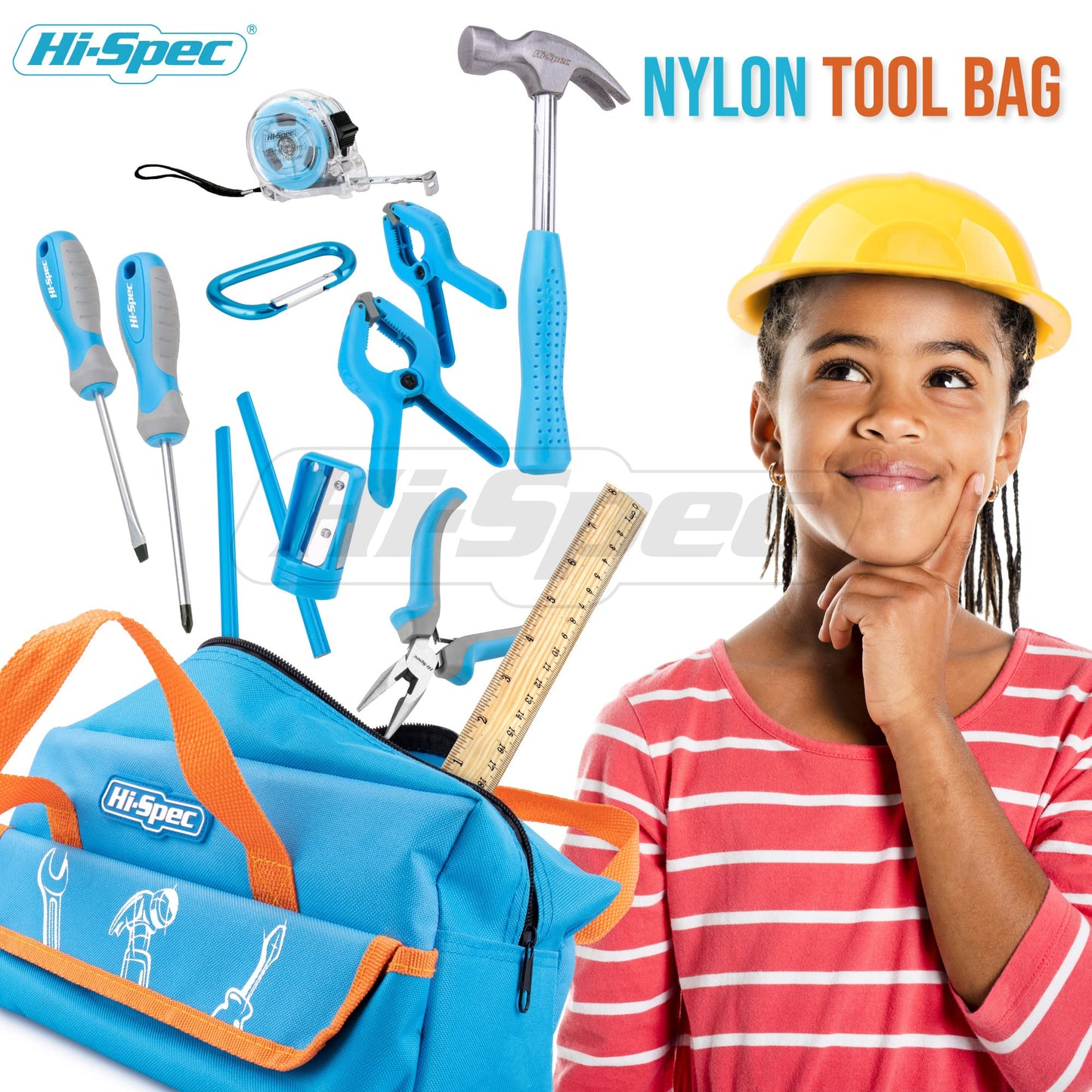 Hi-Spec 18pc Blue Kids Tool Kit Set & Child Size Tool Bag. Real Metal Hand Tools for DIY Building, Woodwork & Construction