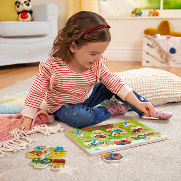 B. Toys- Peek & Explore - Barnyard- Wooden Peg Puzzle – Farm Puzzle For Toddlers, Kids – 8 Barnyard Pieces – Barn, Animals, Farmers & More – 2 Years +