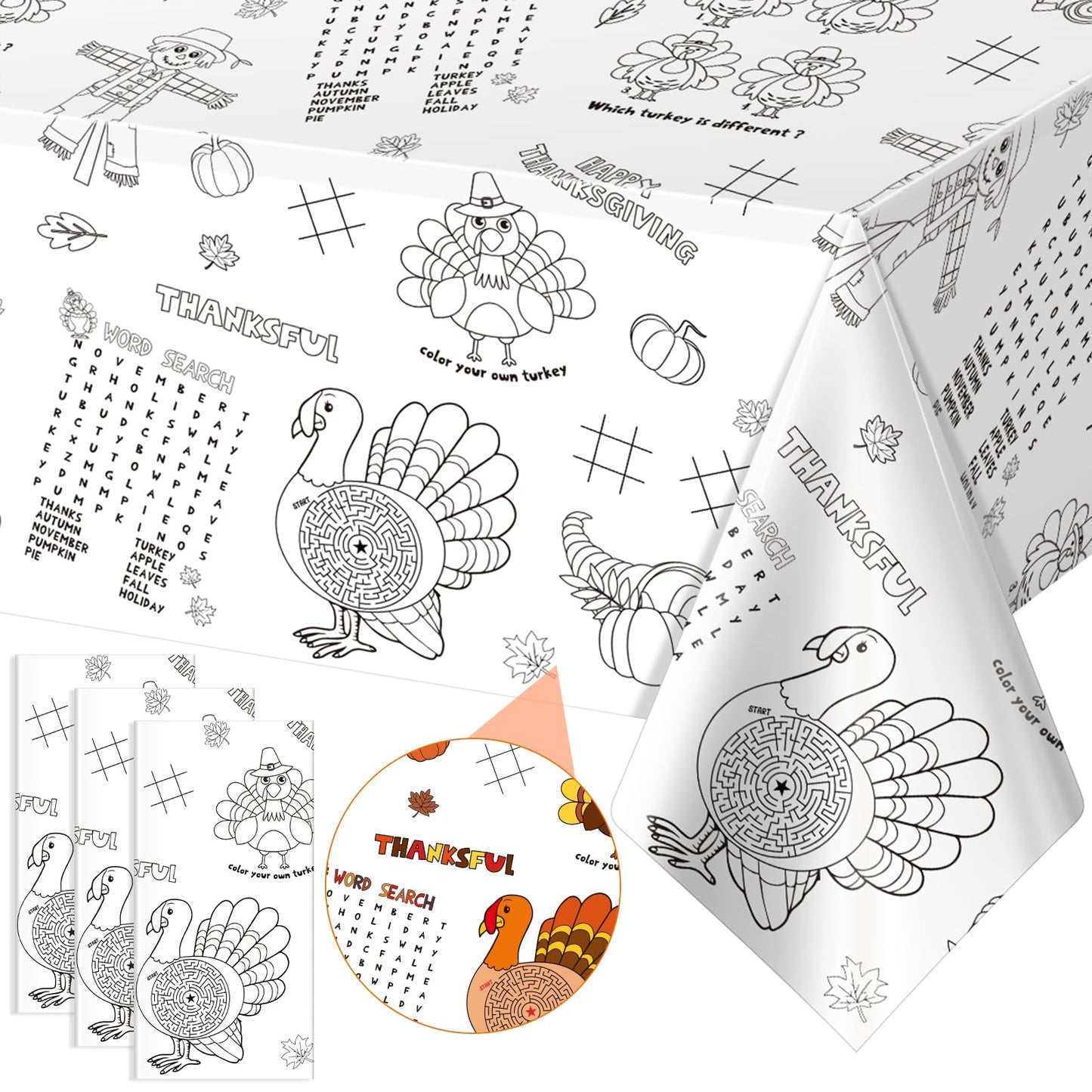 3 Pack Fall Thanksgiving Coloring Tablecloth for Kids, Disposable Thanksgiving Turkey Pumpkin Color-in Paper Table Cover, Fall T