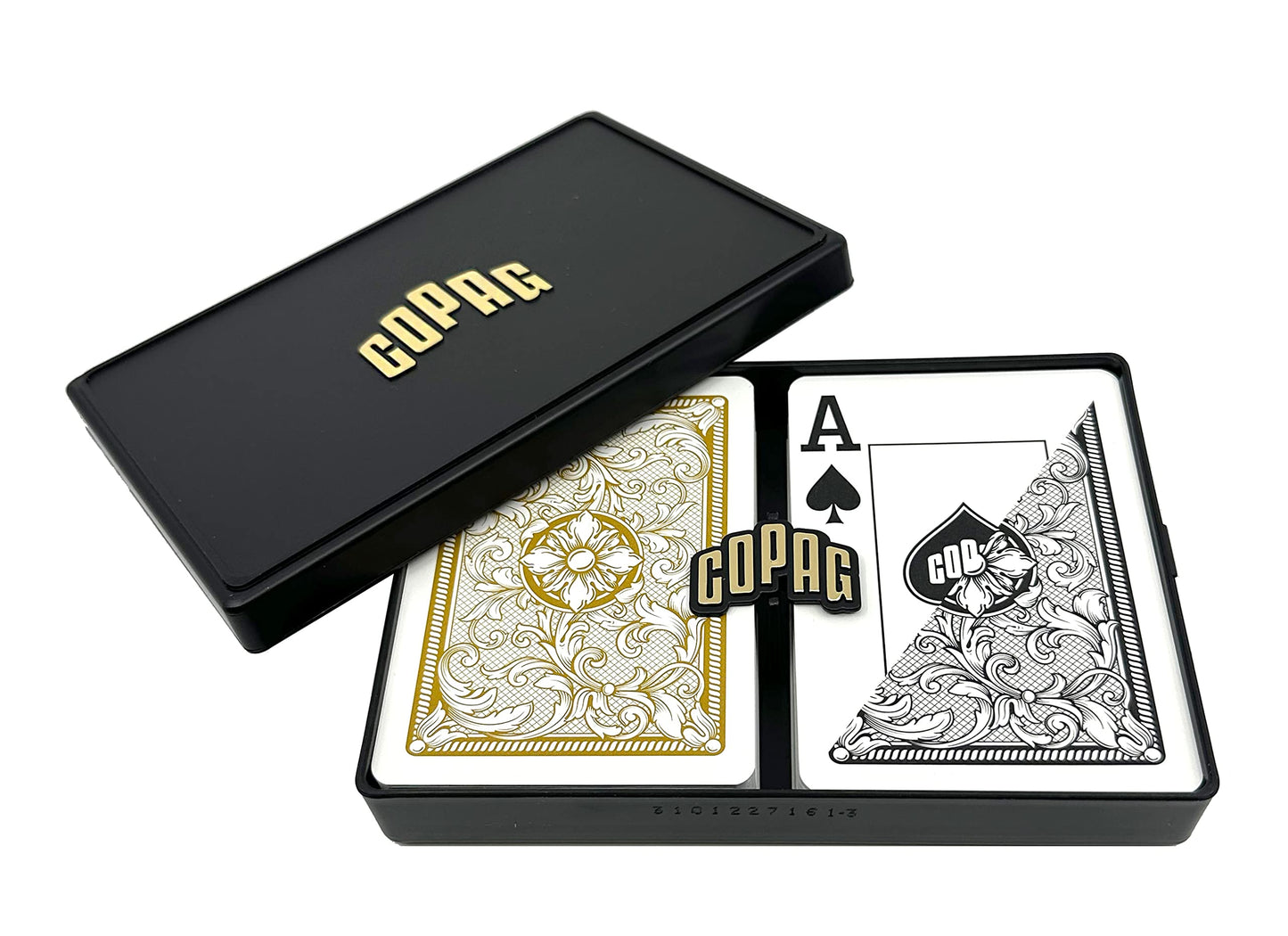 Copag Legacy Design 100% Plastic Playing Cards, Poker Size Jumbo Index Black/Gold Double Deck Set