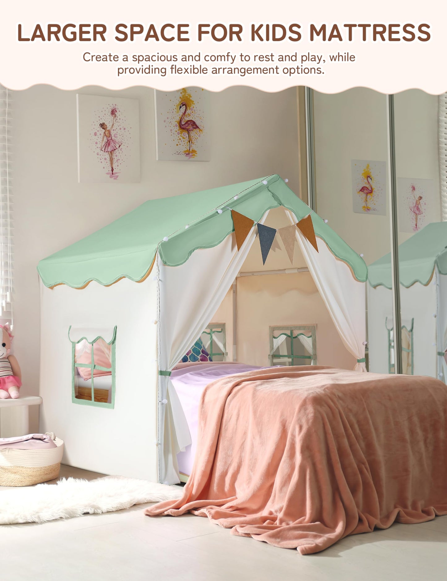 Besrey Kids Play Tent - 2 In 1 With Padded Mat & Lights, Large Playhouse With 2 Doors & 4 Windows, Indoor & Outdoor, Christmas Toddler Play Tent, 51' X 35' X 51