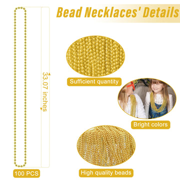100PCS Bead Necklace, Gold Mardi Gras Beads Party Stuff, 33'' Mardi Gras Christmas Beads Toy Costume, Festival Parade Throw Acce