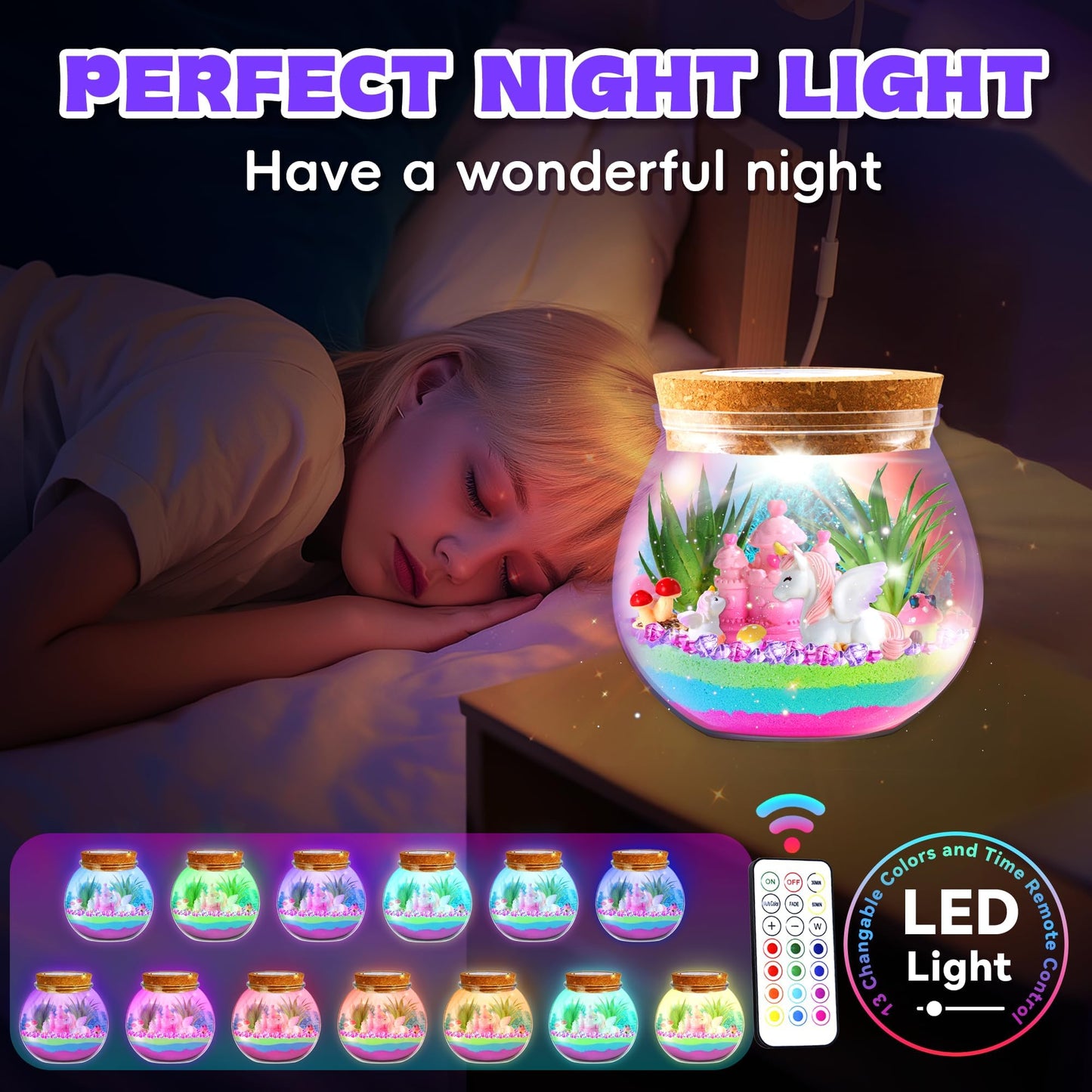 Vigorfun Unicorn Terrarium Kit For Kids - Creative Led Night Light Gifts For Girls Birthday Age 3+, Diy Arts & Crafts Light Up K