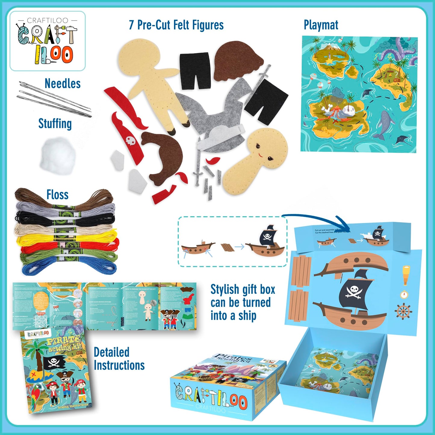 Craftiloo Pirates Pre-Cut Fun Kids Sewing Kit For Kids Ages 8-12 Children Beginners Sewing Kit Kid Crafts Make Your Own Felt Pil