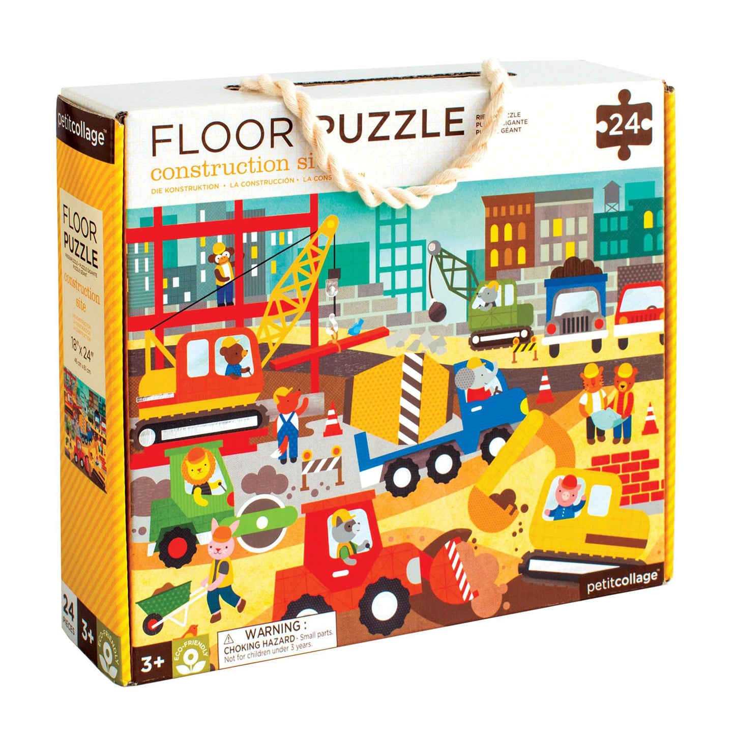 Petit Collage Floor Puzzle Construction Site 24 Pieces | Large Puzzle For Kids | Completed Puzzle 18' X 24' | Great Gift For Kids 3+