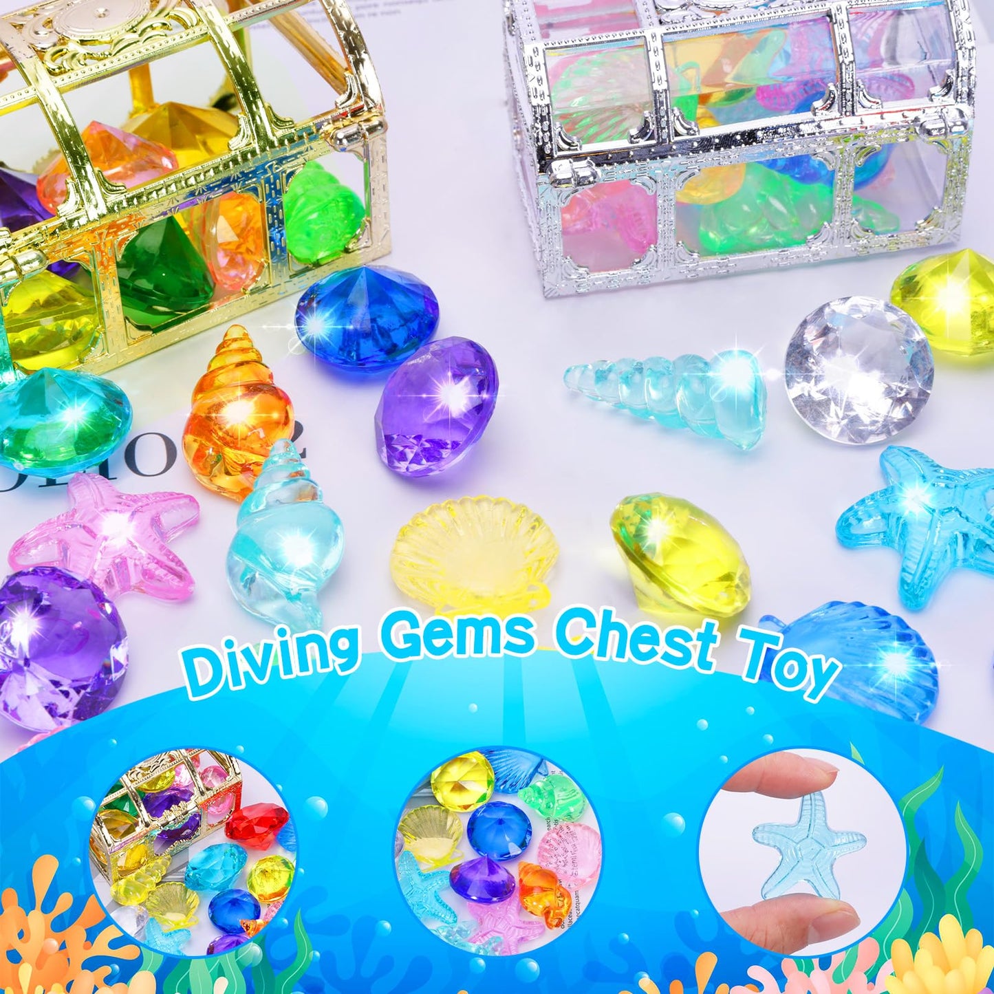 Mgparty 24Pcs Diving Gem Pool Toys Colorful Diamonds Set With Treasures Pirate Box Summer Toy Underwater Swimming Toys For Boys And Girls Pool Games Water Toys