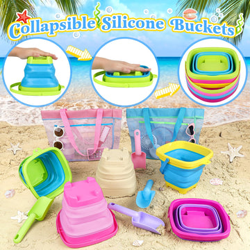 Collapsible Beach Buckets for Kids, 4 Packs Foldable Sand Buckets and Shovels with Mesh Beach Bag, Silicone Sand Pails for Toddl